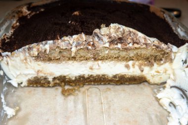 Ev yapımı tiramisu tarifi, yarım dilim pasta, tiramisu tatlı tabağı manzarası, evde yemek pişirme.
