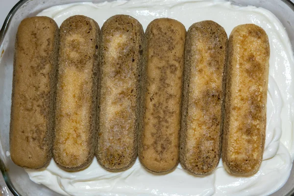 Tiramisu Népszerű Olasz Desszert Összetevők Mascarpone Lágy Krémsajt Savoiardi Keksz — Stock Fotó