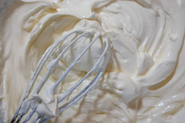 Close Bowl Cream Whisk Texture Mascarpone Soft Cream Cheese Cooking Stock Photo
