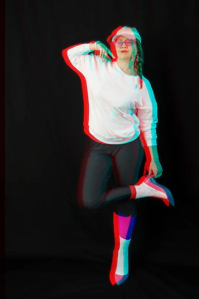 Stylish Woman Model Posing Black Background Rgb Color Split Abstract — Stock Photo, Image