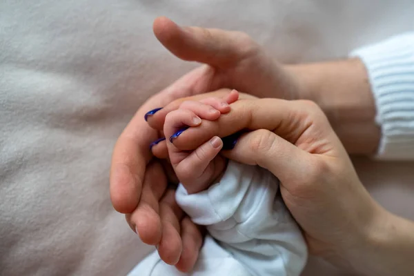 Father Mother Holding Newborn Baby Hand Close Family Hold Hands — Stock Photo, Image