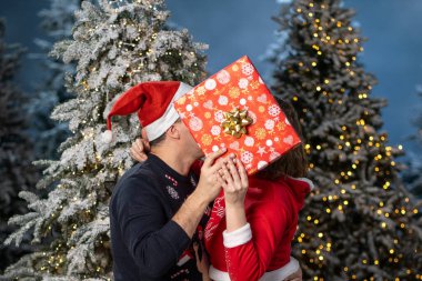 Mutlu çift öpüşüyor ve Noel ağacının altındaki hediye kutusunun arkasında saklanıyor. Yeni yıl arifesi, Noel ruhu. Hediyeleri değişelim. Erkek ve kadın Noel 'i kutluyor