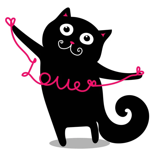 Vector illustration of cute happy black feline with phrase I love you in hands