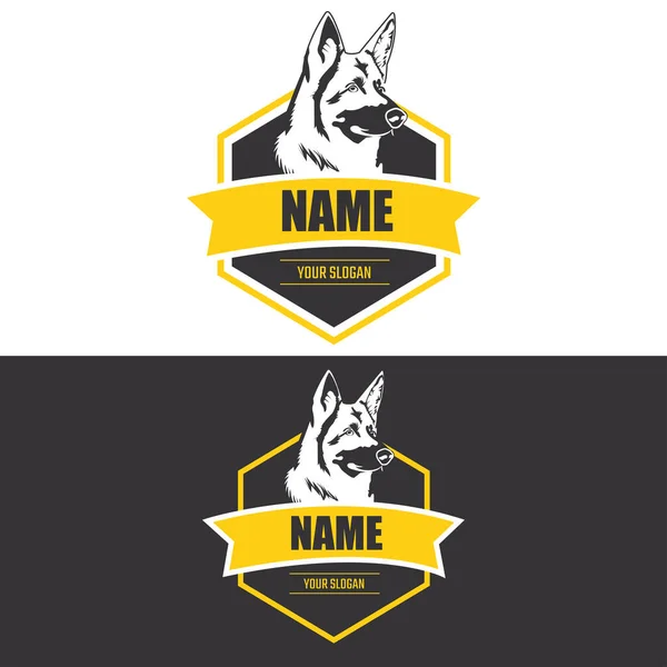 Köpek logosu tasarım vektör modeli. Hayvanlar Veteriner Kliniği. Ortasında gri köpek olan sarı logo. Yazdırılabilir logo şablonu