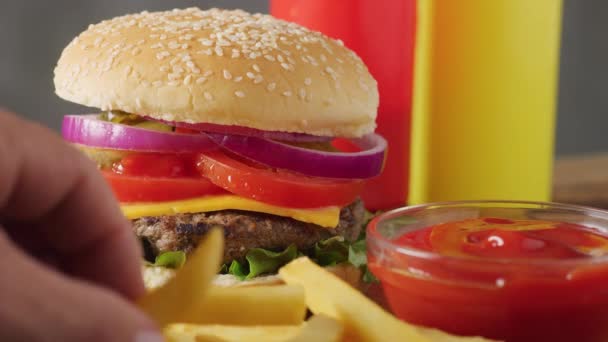 Filmagem Câmera Super Lenta Conceito Fast Food Batatas Fritas Caindo — Vídeo de Stock
