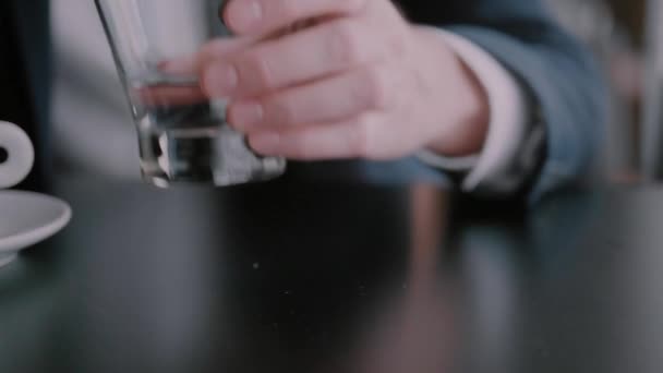 Man European Appearance Dressed Business Suit Drinks Water Glass Looking — Stock video