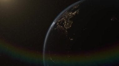 Küresel uzay keşfi uzay yolculuğu konsepti dijital olarak oluşturuldu. Uzaydan görülen Dünya animasyonu, karanlık arka planda dönen uydu görüntüsü..