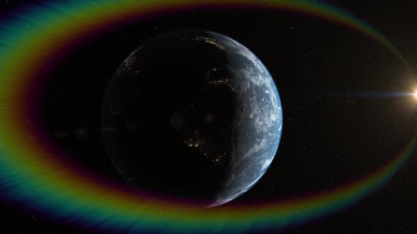 世界の宇宙探査宇宙旅行の概念は デジタルで生成された画像 宇宙から見た地球のアニメーション 暗い背景の衛星ビューで回転する地球 — ストック動画