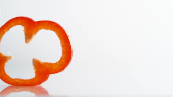 Ένα Κομμένο Κόκκινο Δαχτυλίδι Πιπεριού Λευκό Φόντο Πέφτει Αργή Κίνηση — Αρχείο Βίντεο