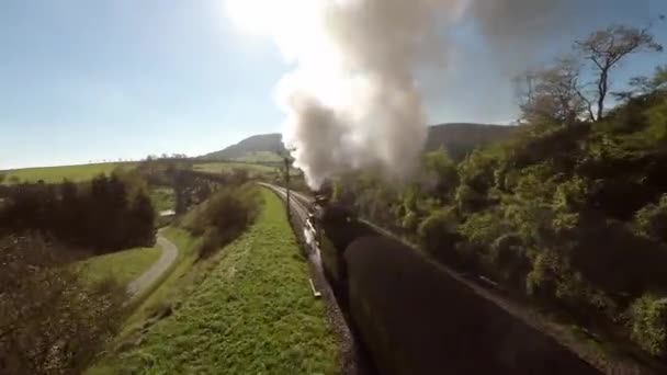 Luftaufnahme Einer Dampflokomotive Die Über Einen Wald Fährt Weiße Dampfwolken — Stockvideo
