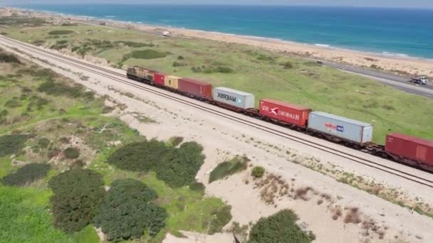 Frachtcontainer Auf Der Eisenbahn Intermodaler Container Einem Eisenbahnwaggon Transport Von — Stockvideo