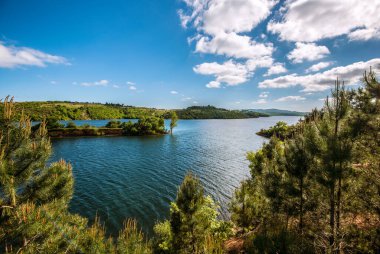 Ormanın içindeki baraj. Mavi parlak gökyüzü.