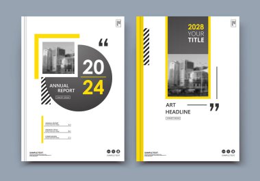 Soyut a4 broşür kapağı tasarımı. İlan çerçevesi. Şehir manzaralı yazı tipi. Başlık kağıdı modeli. Modern vektör baş sayfası. Marka logosu. Sancak dokusu. Siyah, beyaz halka figürü, sarı çizgi ikonu. El ilanı ipliği