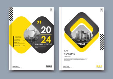 Soyut a4 broşür kapağı tasarımı. İlan çerçevesi. Şehir manzaralı yazı tipi. Başlık kağıdı modeli. Modern vektör baş sayfası. Marka logosu. Sancak dokusu. Siyah, beyaz halka figürü, sarı çizgi ikonu. El ilanı ipliği