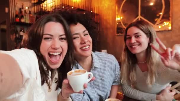 Group Three Happy Young Women Taking Selfie Portrait Coffee Shop — Vídeos de Stock