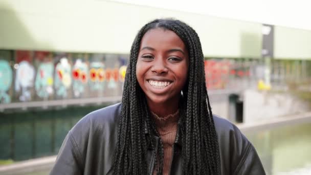 Young African American Woman Braids Smiling Laughing Looking Camera Front — Stock videók