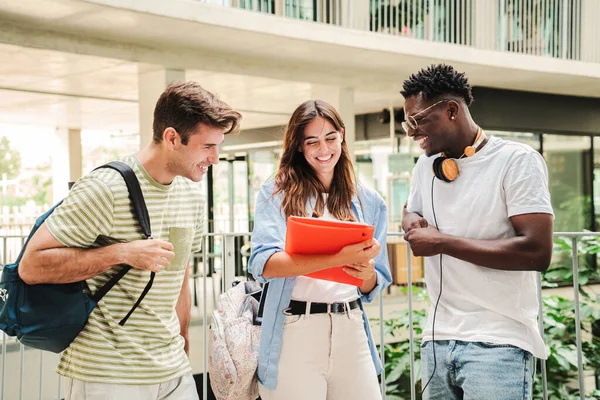 Üniversite kampüsündeki dersten sonra ev ödevleri hakkında konuşan çok ırklı bir grup mutlu öğrenci. Üç genç insan gülümsüyor, okulda arkadaşça sohbet ediyorlar.