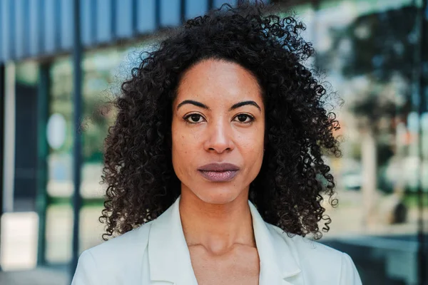 Serious African American Businesswoman Looking Pensive Camera Proud Attitude Wearing — Stock Photo, Image