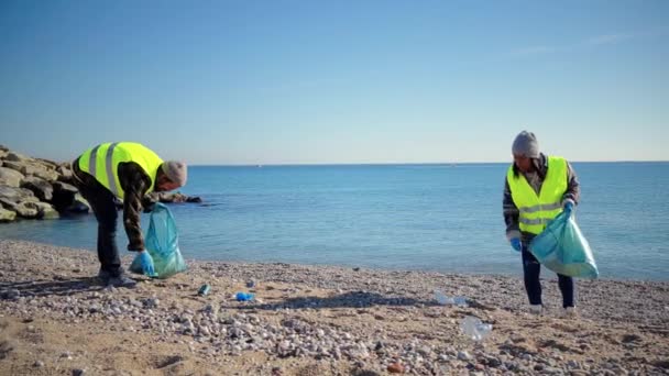 Grupo Voluntarios Ecología Recogiendo Residuos Arena Playa Para Reciclarla Par — Vídeo de stock