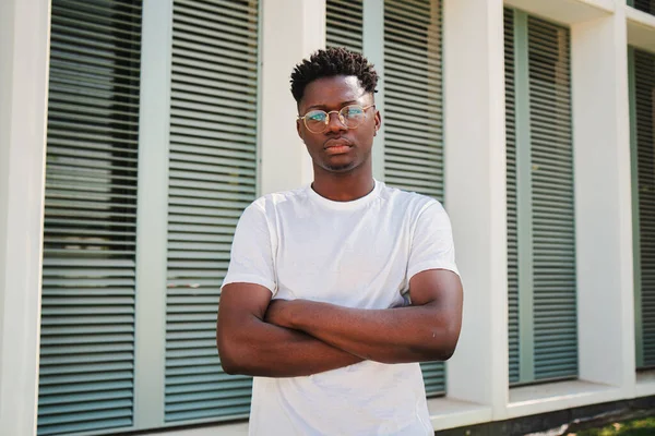 Genç Afro Amerikan Ciddi Özgüvenli Bir Adamın Portresi Dışarıda Duran — Stok fotoğraf