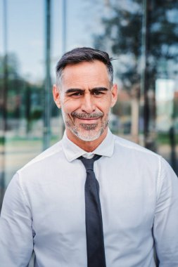 Başarılı beyaz iş adamının dikey portresi. Kameraya gülümsüyor. Açık havada işyerinde neşeli bir tavırla duruyor. Takım elbiseli yakışıklı bir yönetici.