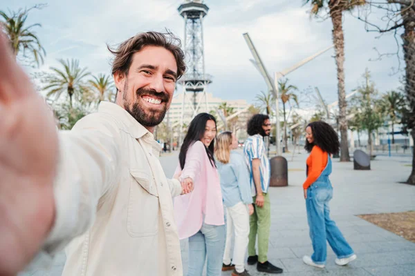 Handsome Young Adult Man Taking Selfie Portrait Holding His Girlfriends — Stock Photo, Image