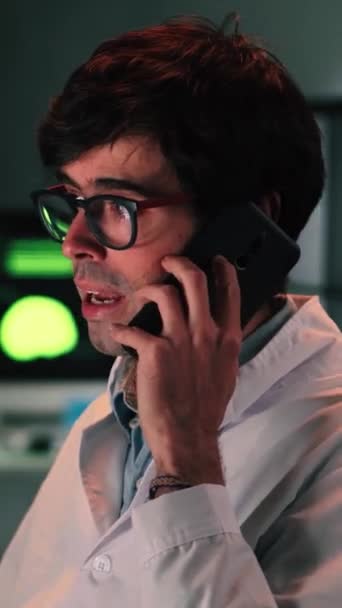 Vertical Individual Close Portrait Serious Doctor Glasses Lab Coat Calling — Stock Video