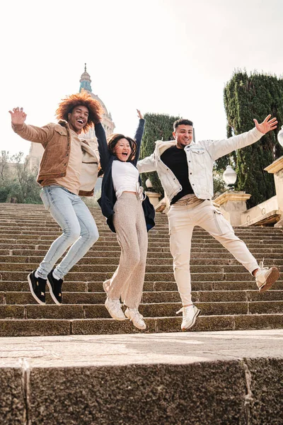 Vertical Portrait Group Multiracial Happy Friends Having Fun Jumping Street — Stock Photo, Image