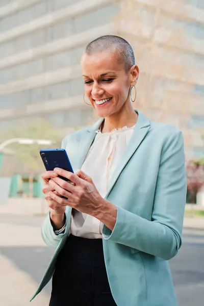 Vertical Portrait Smiling Business Woman Using Mobile Phone Browse Internet — Stock Photo, Image