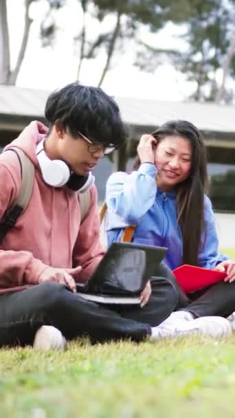 Ritratto Verticale Gruppo Multietnico Studenti Che Imparano Con Taccuino Laptop — Video Stock