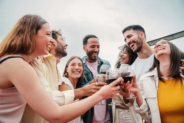 Group of young adult mates having fun toasting wine glasses and having fun on a party celebration. Friends talking, smiling and drinking redwine together at funny birthday enjoying their friendship