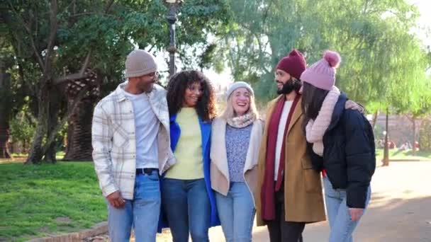Grupo Mejores Amigos Internacionales Caminando Hablando Sonriendo Juntos Parque Del — Vídeo de stock