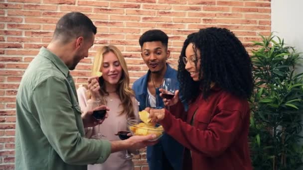 간식을 공유하고 집에서 안경을 토스트 재미있는 친구의 마시는 사람들 다인종 — 비디오