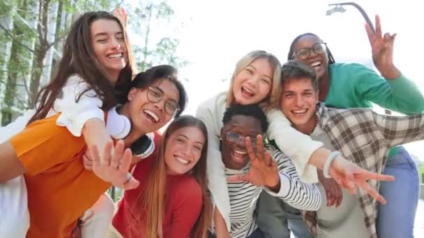 一大群多种族的年轻学生微笑着 摆出姿势 看着镜头 快乐的国际青少年笑 快乐的朋友享受他们的自由 友谊会同学 — 图库视频影像