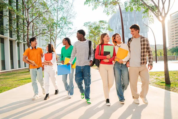 Üniversite Kampüsünde Birlikte Yürüyen Bir Grup Çok Irklı Öğrenci Sınıfa — Stok fotoğraf