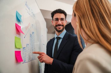 Bir iş adamı, pazarlama stratejisini tahtadaki postit 'i kullanarak açıklıyor. Yeni başlayan bir beyin fırtınasında erkek konuşuyor. Başarılı ve zeki iş adamı ofiste bir iş sunumu yapıyor. Liderlik