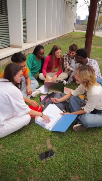 Vertical Multiracial Students Using Laptop Computert Sitting Circle Grass Doing — Stock Video