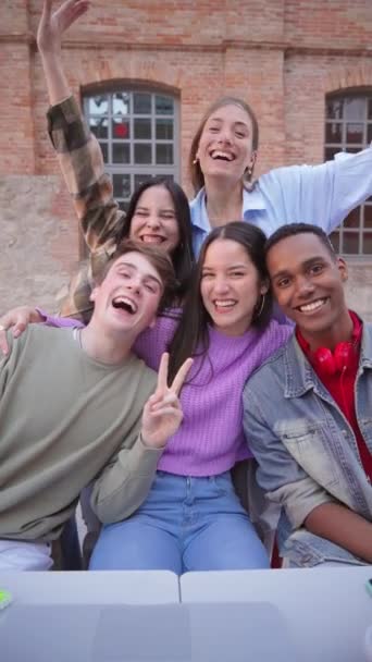 一群多种族的年轻学生一起笑着和社交活动 快乐的国际青少年笑的画像 快乐的朋友们玩得开心 同学在友谊会上见面 — 图库视频影像