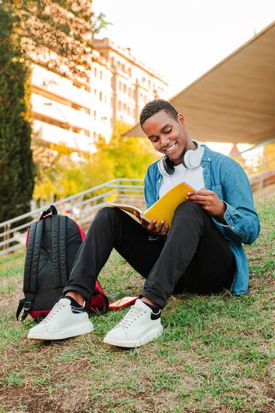 По вертикали. Африканский американец, красивый парень, читающий записную книжку, чтобы подготовить экзамен. Подросток, сидящий на лужайке университетского городка и изучающий урок. Молодой человек занимается домашними делами. Высокий