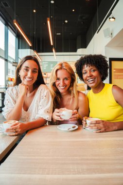Bir barda ya da restoranda kahve içen dikey bir grup genç kadın. Üç tane çok ırklı kız elinde fincanla kameraya bakıyor. Kahvehanede gülümseyen ve gülen kadınlar. İçkili bayanlar.