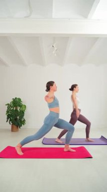 Barışçıl bir mekanda, iki kadın yoga pozları veriyor, fitness ve farkındalığa olan bağlılıklarını sergiliyorlar. Dengelerine ve nefeslerine yoğunlaşıyorlar. Gücü somutlaştırıyorlar.