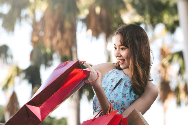 Wellbeing Single Shopaholic Lifestyle Holidays Happy Young Adult Asian Woman — Zdjęcie stockowe