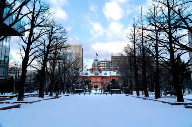Former Sapporo government office red brick building. On winter season with snow covered. Hokkaido, Japan.