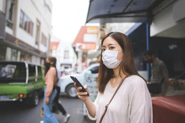 Young Adult Business Asian Working Woman Wear Face Mask Using — Stock Photo, Image