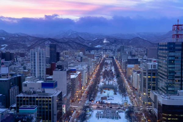 Sapporo cityscape view from tower. On dusk with twilight. Hokkaido, Japan. 