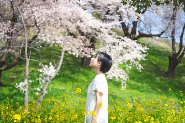 Genç Asyalı Japon kadın sarı çiçek tarlasında sakin ve sakin duruyor. Bahar mevsiminde doğa için açık hava eğlencesi.