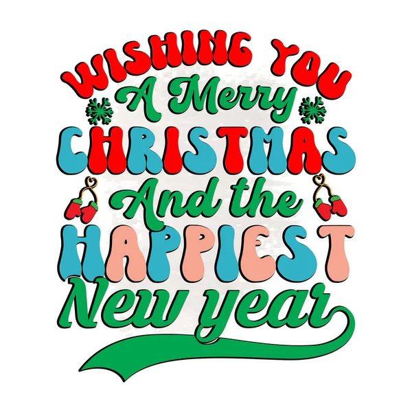陽気なクリスマスと幸せな新年を願っていますグルービーレトロクリスマスTシャツ白の背景を持つデザイン — ストックベクタ