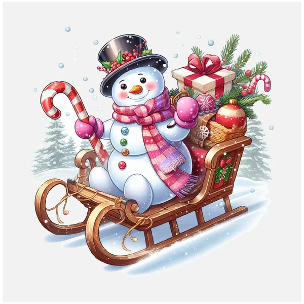 Sneeuwpop Een Slee Vector Bestand Kerst Scene Kerstman Kerstvakantie Vector Rechtenvrije Stockvectors