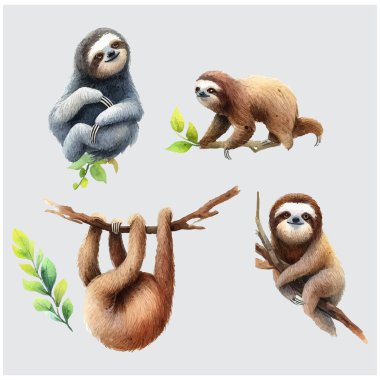 Tembel Hayvanlar Suluboya Vektör Dosyası