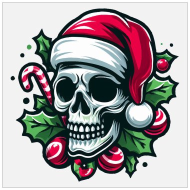 Ürkütücü bir Noel kafatası şekli. Kötü Noel Baba kafatası, baston şeker, ökseotu. Kırmızı şapkalı ölü kafalar. Grunge tarzında, Xmas dekoru olan gotik suluboya. Sürünen arka plan, suluboya Kafatası Noel